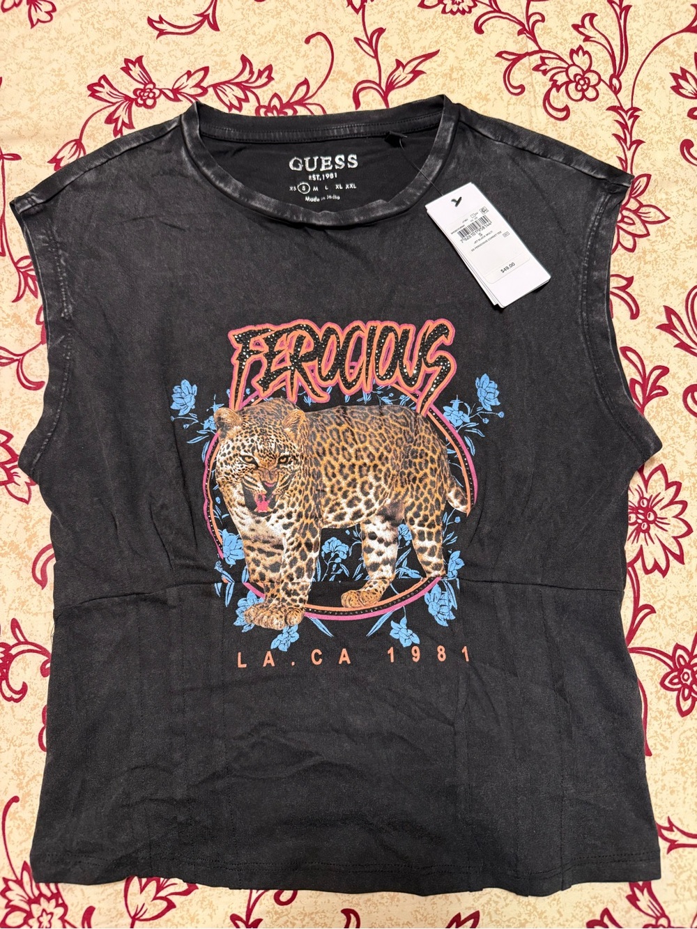 GUESS Black Muscle Tee with Leopard 'Ferocious' Graphic